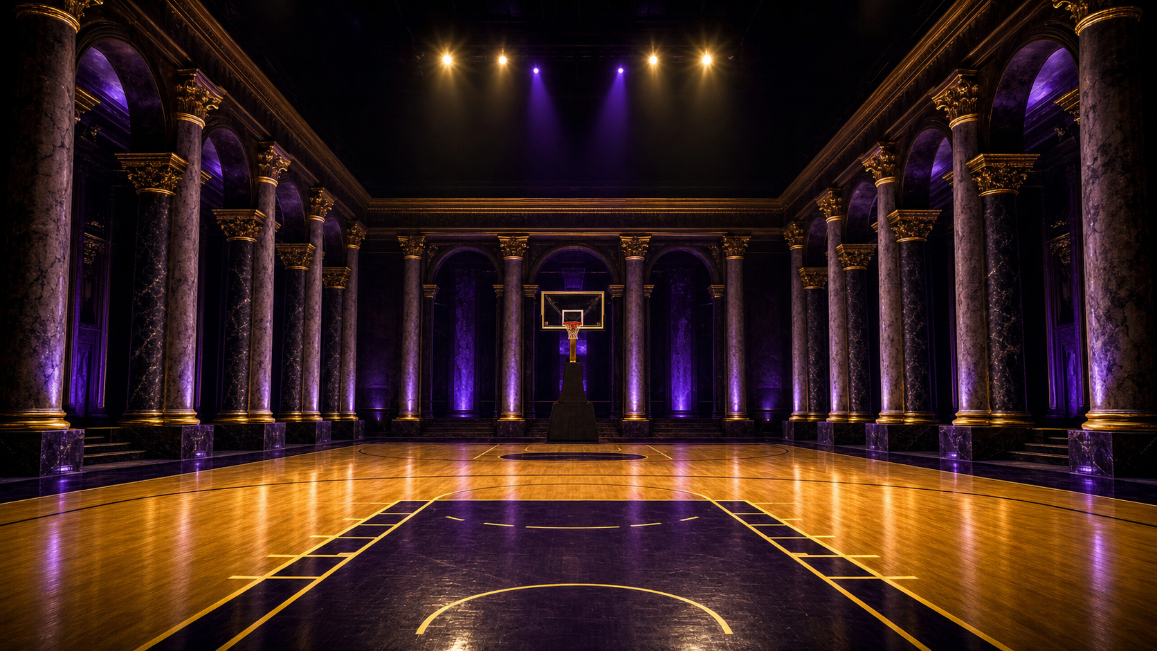 Great Lakes Royals arena — imperial marble columns and basketball court